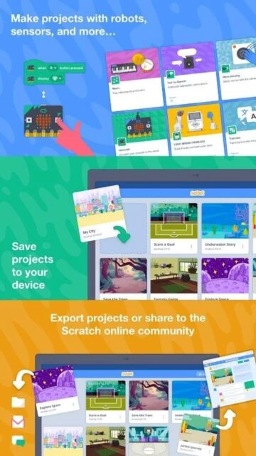 Scratch app connects physical devices like robots and sensors for hands-on learning.