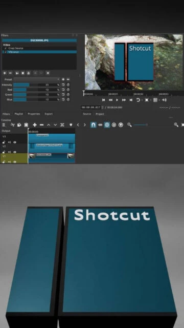 Shotcut video editor interface with filters & timeline. Logo on boxes.