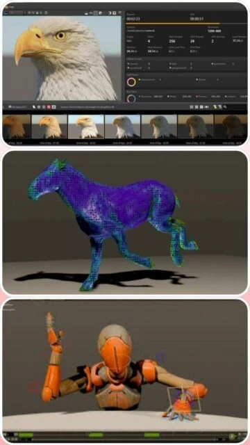 Houdini render engine viewport preview eagle horse robot model with lighting and shaders