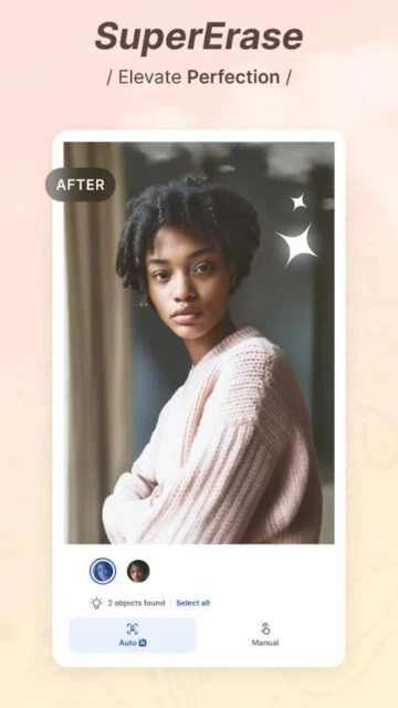 SnapEdit removes unwanted objects from photos with Auto or Manual modes for clean results.