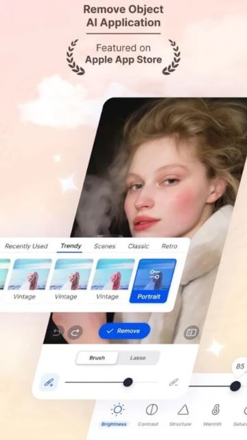 SnapEdit AI removes objects like blemishes or items, featured on Apple App Store.