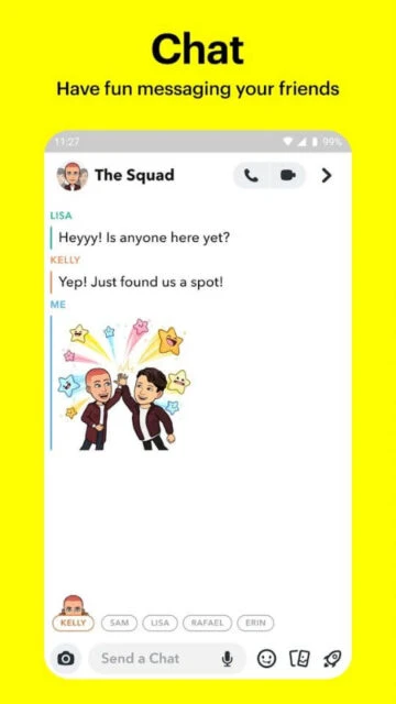 Snapchat Chat with "The Squad". Fun messaging, Bitmoji, replies.