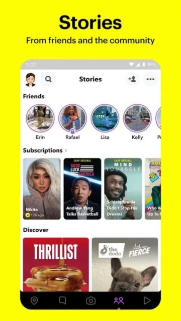 Snapchat Stories from friends and subscriptions. Discover section.