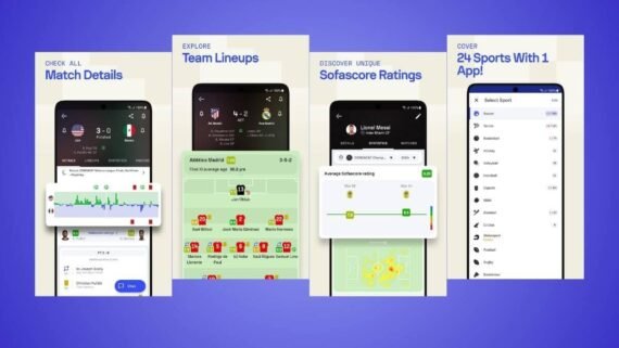 شاشة تطبيق SofaScore ببيانات تفصيلية لمباريات مختلفة