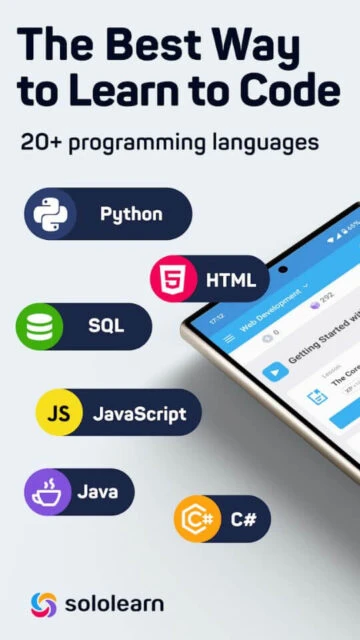 Sololearn covers 20+ languages: Python, Java, HTML, SQL, C#, JavaScript for all levels.