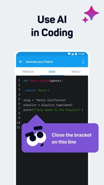 Sololearn’s AI gives real-time hints like “Close the bracket” to fix coding errors.