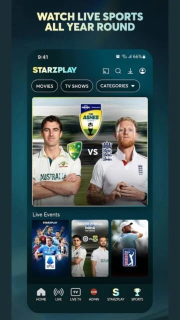 STARZPLAY live sports. Ashes cricket, football, golf events.