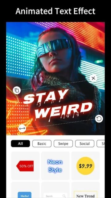 StoryArt app interface with neon text effect "STAY WEIRD" and pricing
