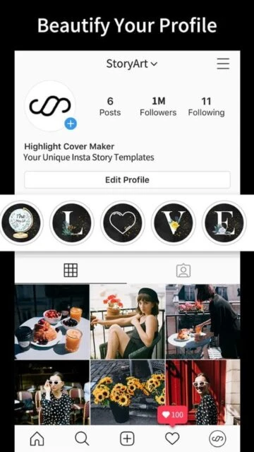 StoryArt Instagram profile with highlight cover maker and story templates