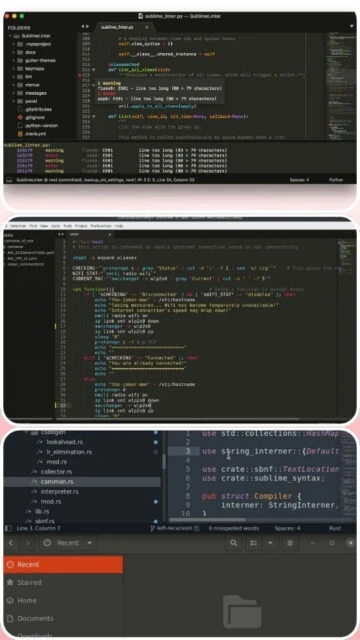 Sublime Text showing Python linting, Bash script output, and Rust code with syntax highlight.
