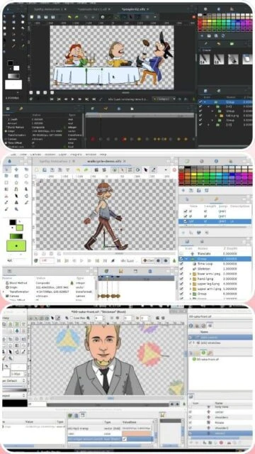 Synfig Studio walk cycle animation table scene with bone rigging and layer control