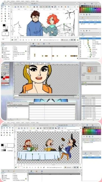 Synfig Studio character design dialogue scenes with layer management and color tools