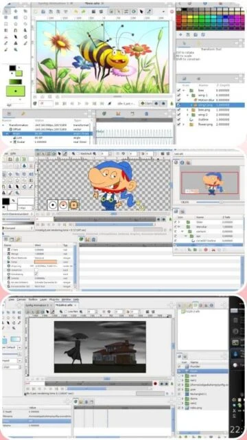 Synfig Studio vector animation with bee flower scene timeline layers and color palette