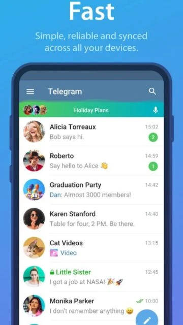 Telegram app interface with chat list. Fast, synced across devices.