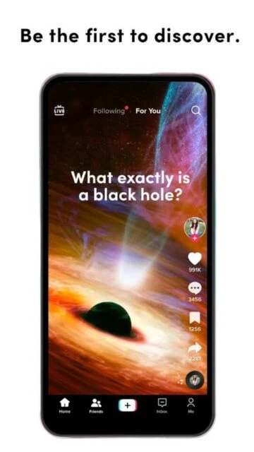 TikTok For You feed, Be the first to discover, black hole video.