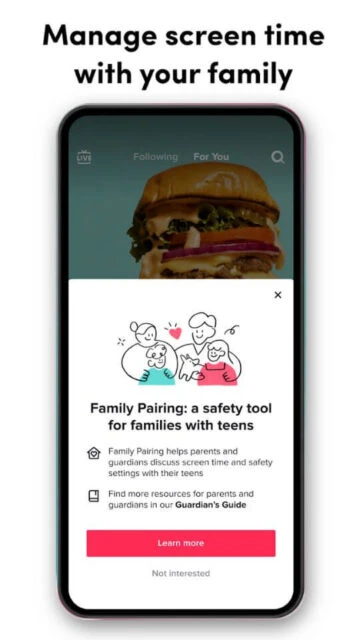 TikTok Family Pairing. Manage screen time with your family tool.