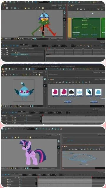 Toon Boom Harmony bone rigging node graph for bird pony animation with color palettes