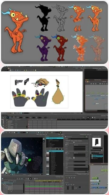 Toon Boom Harmony character design asset library with dragon gloves astronaut models