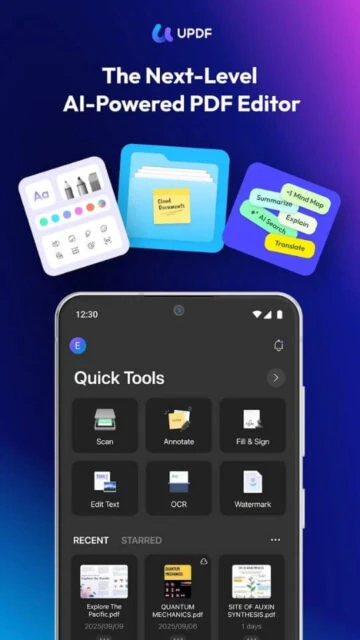 UPDF AI Powered PDF Editor offers quick tools Scan Annotate OCR Fill Sign Translate Summarize