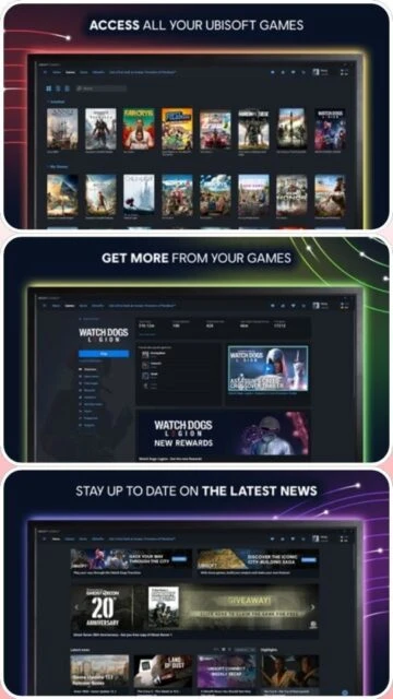 Ubisoft Connect platform with game previews and download buttons.