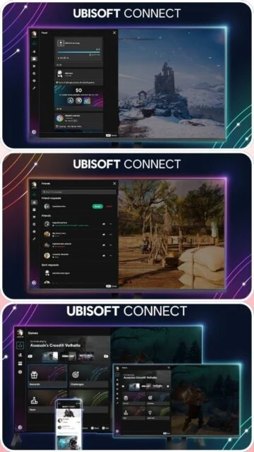 Ubisoft Connect showing chat, game promotions, and library.