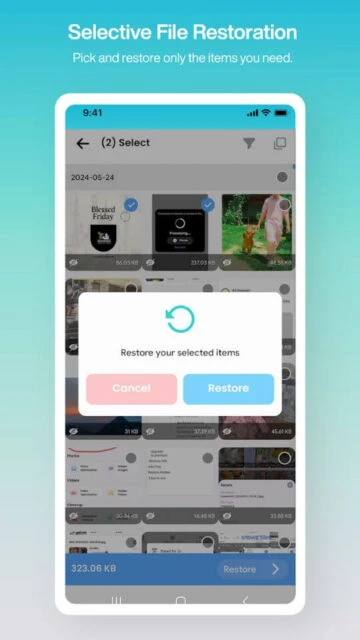 Undeleter selective file restoration lets you pick restore only needed photos videos from list