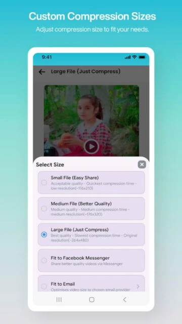 Undeleter custom compression sizes adjust for small medium large or social media sharing