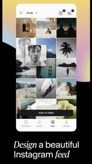 Unfold app interface for Instagram feed design with photo grid