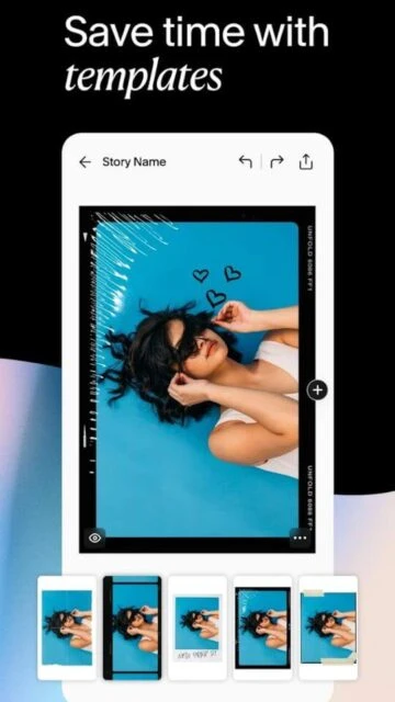 Unfold app story creation interface with templates and photos