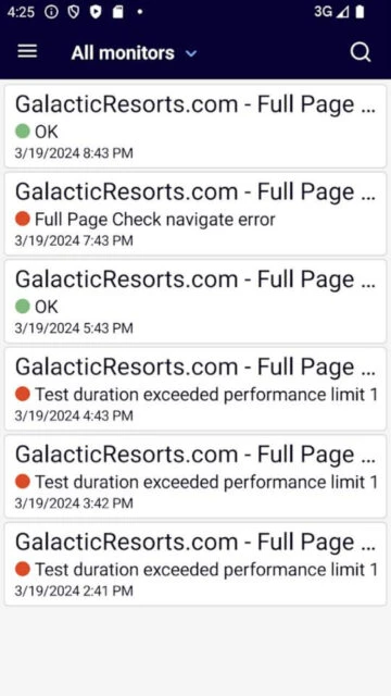 Uptrends app All monitors list with OK error status and timestamps