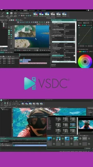 VSDC video editor showing ocean clips, effects panel, color wheel.