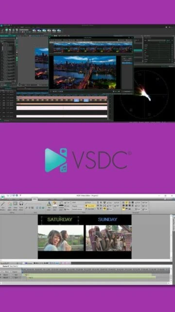 VSDC video editor interface with cityscape preview. Logo on purple.