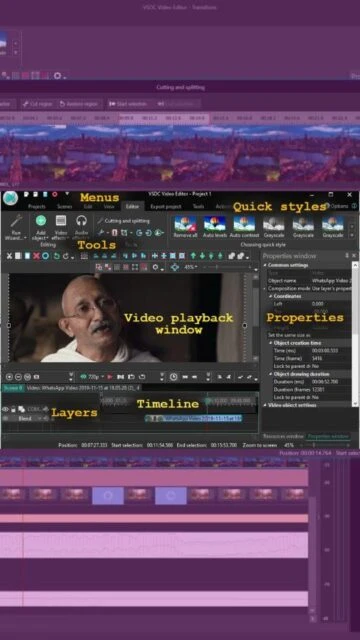 VSDC Editor interface: playback window, timeline, layers, properties.