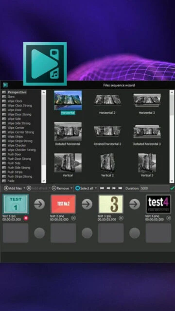 VSDC Files sequence wizard with transition presets & test media.