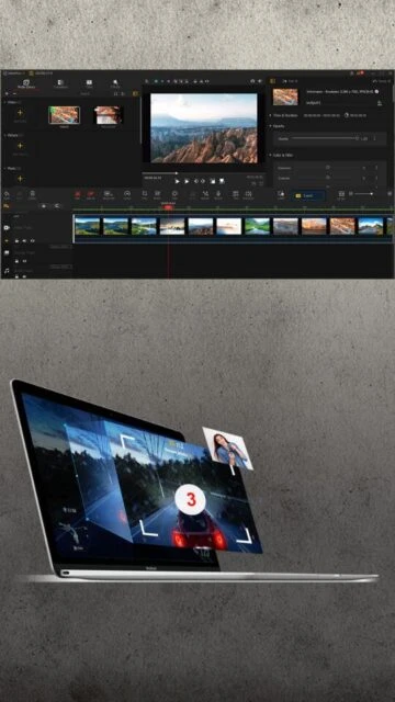 VideoProc editing mountain landscape clips. Laptop with preview.