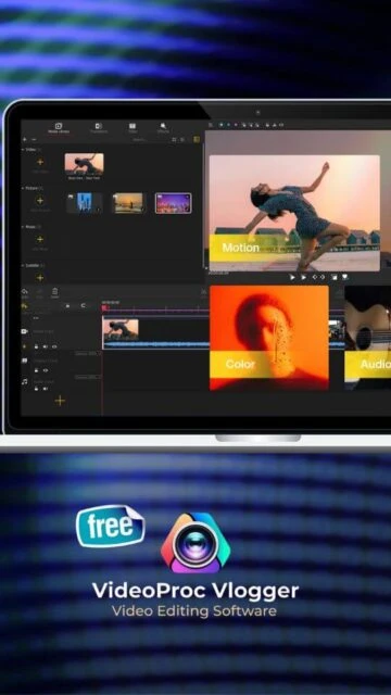 VideoProc Vlogger interface on laptop. Free video editing software.