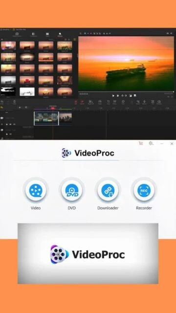 VideoProc main menu: video, DVD, downloader, recorder options.