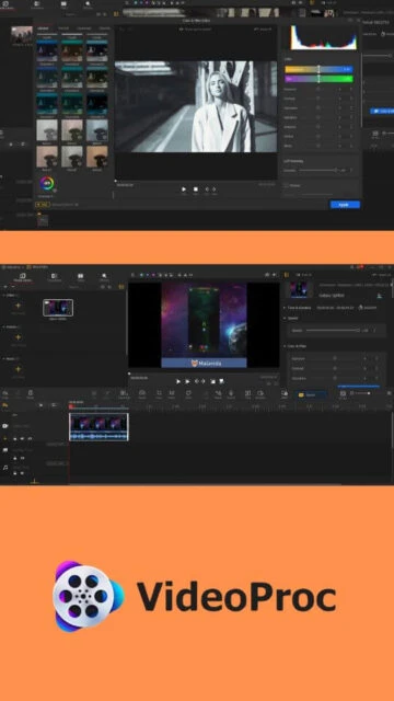 VideoProc color grading & filter panels. Black & white, space clips.