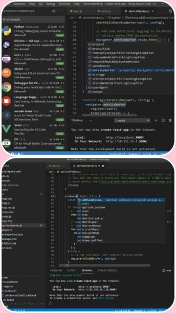 Visual Studio Code with extensions marketplace, terminal output, and code view.