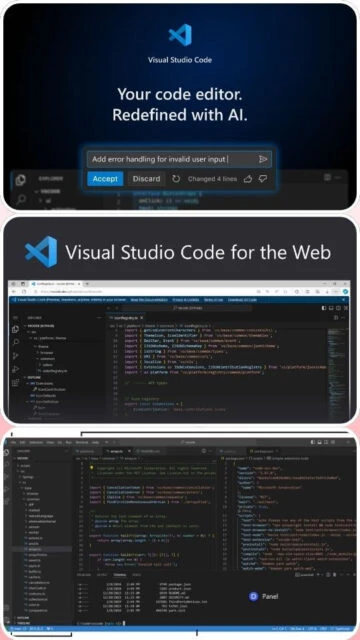 Visual Studio Code AI features, web version, and project file explorer view.