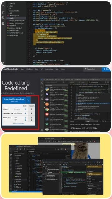 Visual Studio Code editing Node.js, download page, and multi-window layout.