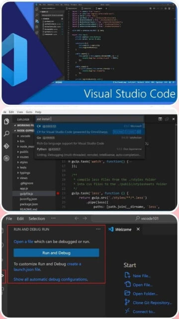 Visual Studio Code interface showing code editor, extensions, and debug setup.