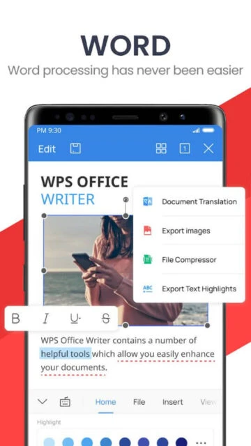 WPS Office Writer makes word processing easy with translation export compress tools