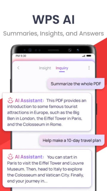WPS AI summarizes insights answers questions from your PDFs like travel plans or summaries