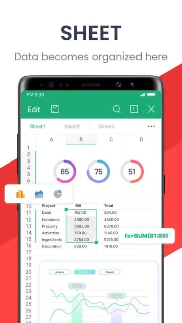 WPS Office Sheet organizes data with charts formulas and easy cell editing on phone