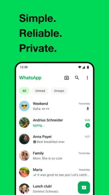 WhatsApp chat list interface. Simple, reliable, private messaging.