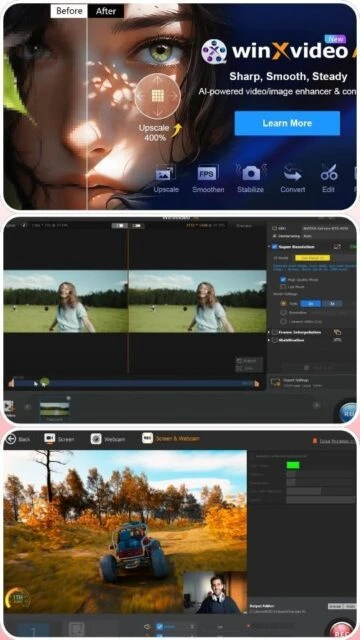 winXvideo AI before/after: 400% upscale, screen recording, webcam.