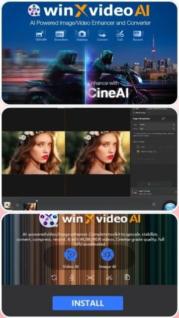 winXvideo AI promo: CineAI engine, 8K editing, install CTA banner.