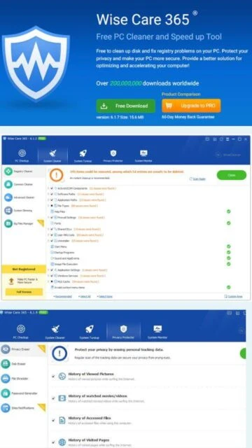 Wise Care 365 promo page. System Cleaner with registry, file scans.