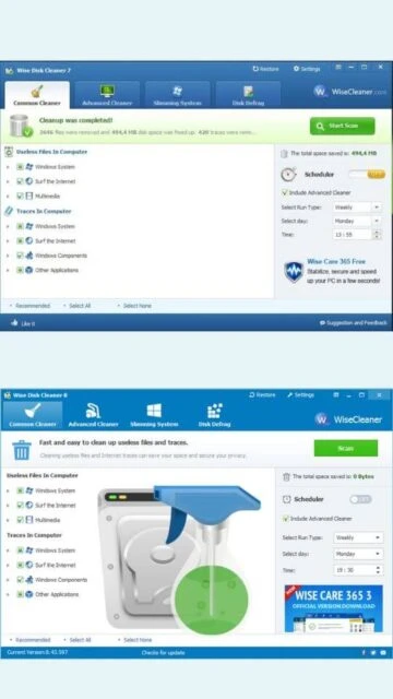 Wise Disk Cleaner 7 & 8 completed cleanup. Scheduler, saved space.